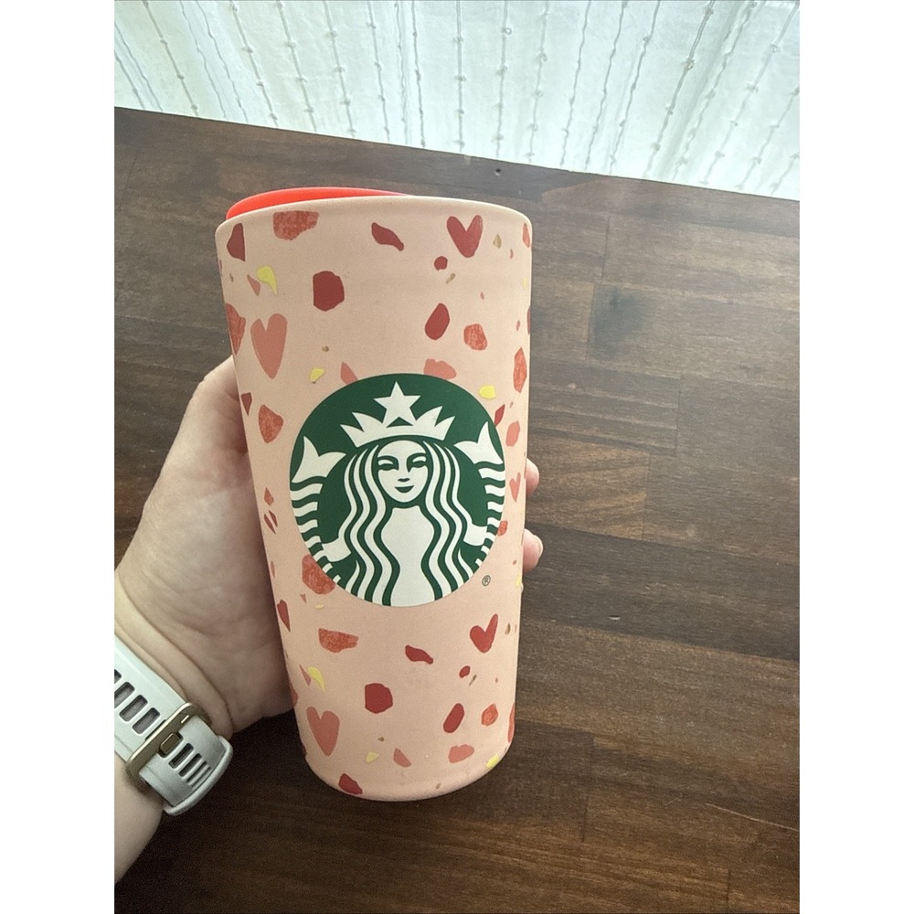 New {NOS} Starbucks 2019 Valentine's Tumbler With Hearts Pink Lid 12 Oz Ceramic